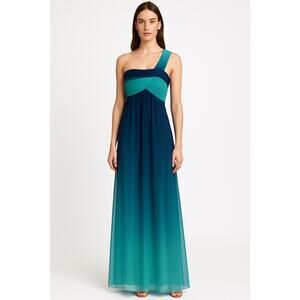 2000s BCBG Max Azria Teal Blue Ombre One-Shoulder Chiffon Evening Gown – Size 0